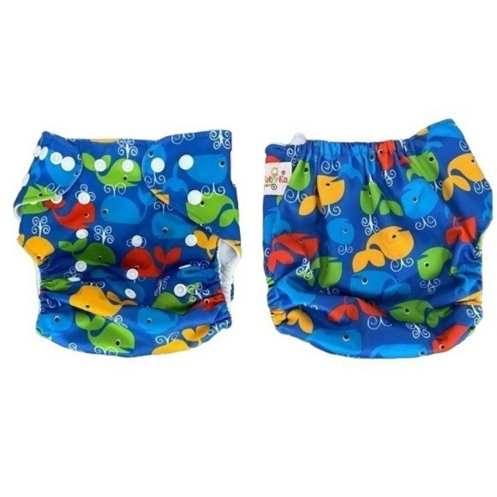 OhBabyKa Boys Girls‎ Blue Colorful Whales Snap Cloth Cover Diaper Adjustable